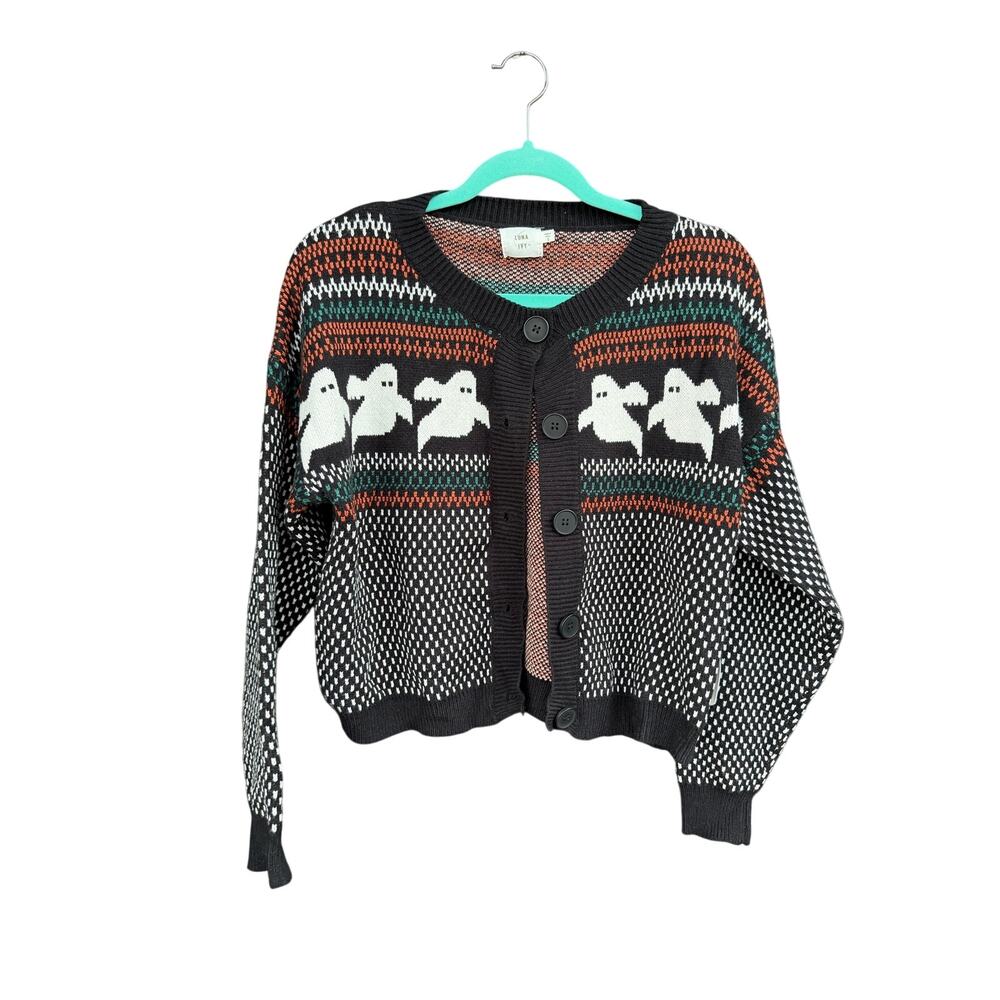 NWT LUNA IVY Ghost Fair Isle Knit Cardigan Sweater | Halloween Spooky Cute Small - Picture 2 of 9